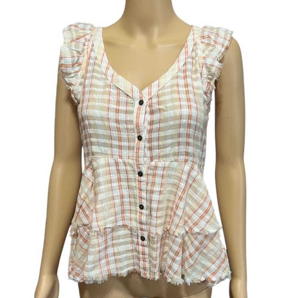 True Craft Cap Sleeve Tiered Striped Blouse Peach Southern Roadtrip Size XS